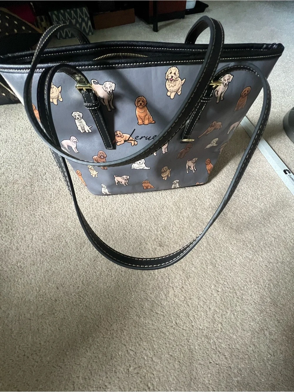 Leruel Gray Dog Print Leather-Trim Shoulder Bag, in excellent condition.